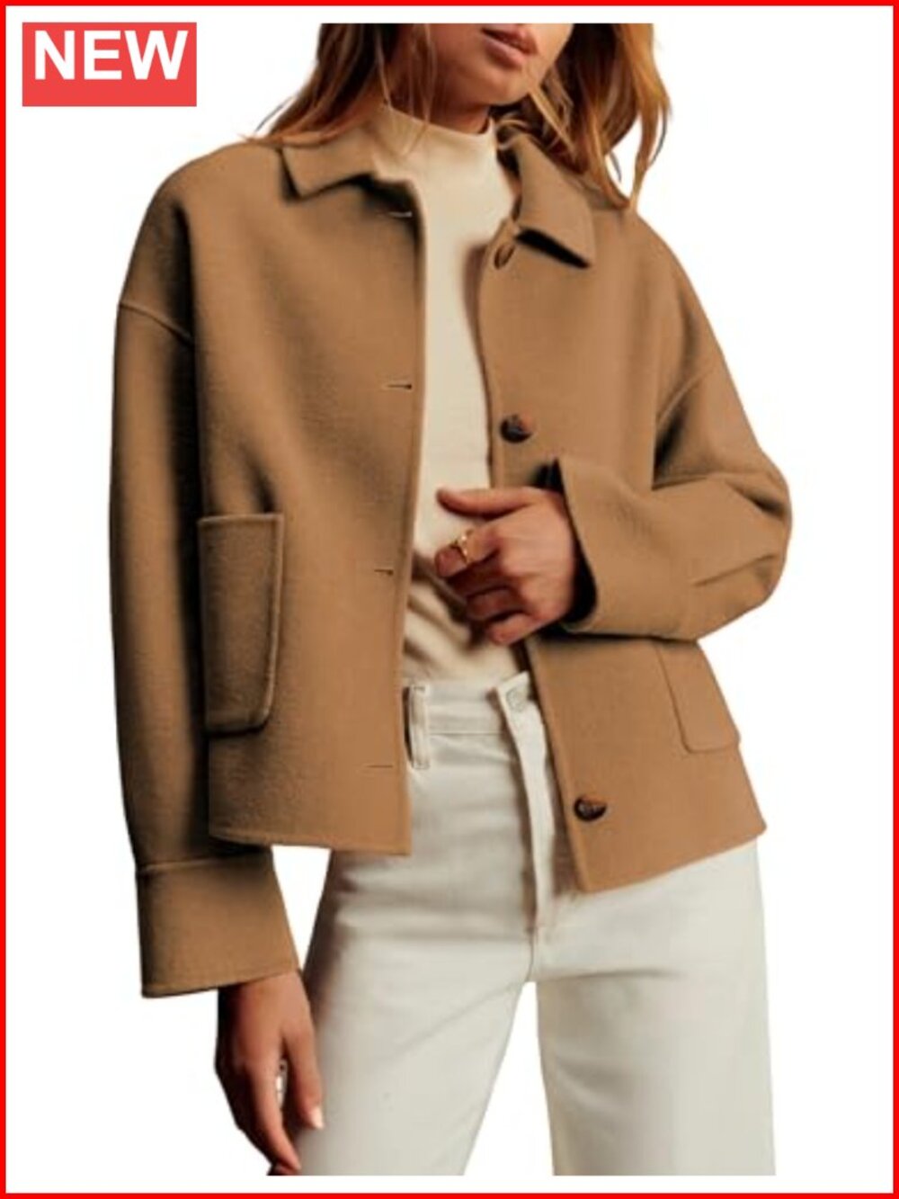 Women's Cropped Pea Coat Boxy Fit Wool Blend Jacket with Pockets
